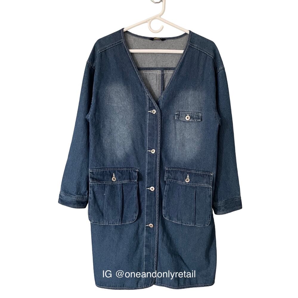 VINTAGE EAST BOY Denim Jacket Women's Blue Mid-Length Button Front V-Neck FIND!